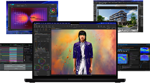 Varias apps de producción musical, diseño gráfico, animación en 3D y edición de fotos en el Mac, con una selección de contenidos a todo color en la pantalla, ilustran el potente rendimiento gráfico