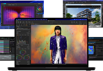 Varias apps de producción musical, diseño gráfico, animación en 3D y edición de fotos en el Mac, con una selección de contenidos a todo color en la pantalla, ilustran el potente rendimiento gráfico