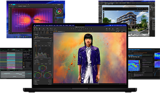Varias apps de producción musical, diseño gráfico, animación en 3D y edición de fotos en el Mac, con una selección de contenidos a todo color en la pantalla, ilustran el potente rendimiento gráfico