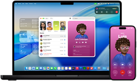 MacBook Pro de 14 pulgadas y iPhone 16, el iPhone muestra una llamada al contacto Luis, y el MacBook Pro muestra la misma llamada en la app Teléfono
