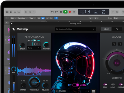 La pantalla muestra el uso de las prestaciones de IA del software MicDrop para editar una locución en un MacBook Pro