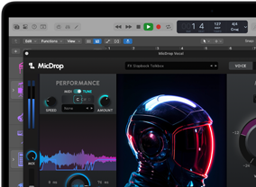 La pantalla muestra el uso de las prestaciones de IA del software MicDrop para editar una locución en un MacBook Pro