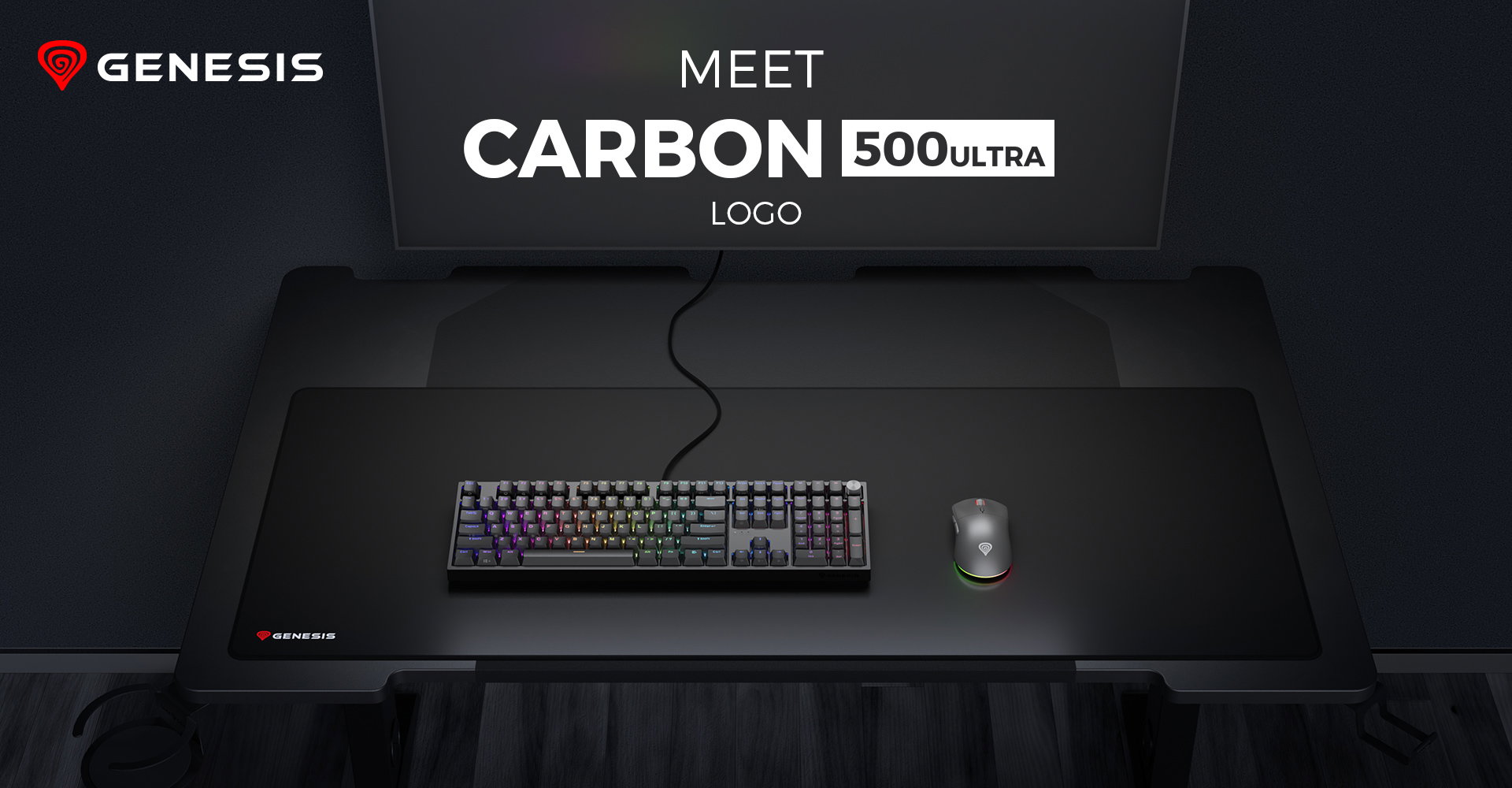 Large gaming mouse pad with a sleek black surface, featuring a keyboard and a mouse on it