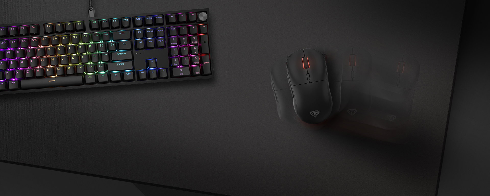 Large mouse pad with a logo, alongside a colorful keyboard and a gaming mouse