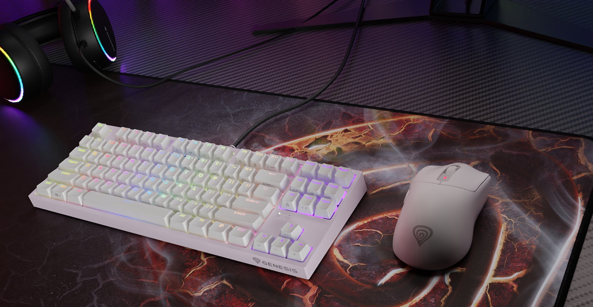A white keyboard with colorful backlighting and a matching white gaming mouse on a desk mat.