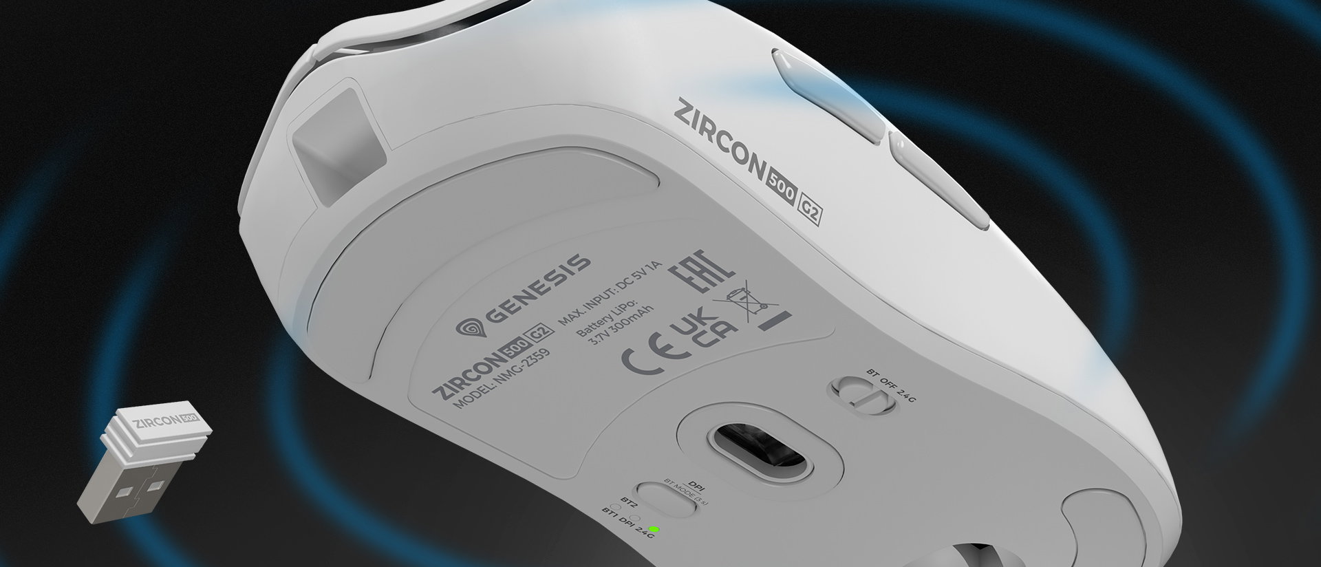 Wireless mouse with a scrolling wheel and a detachable connection device.