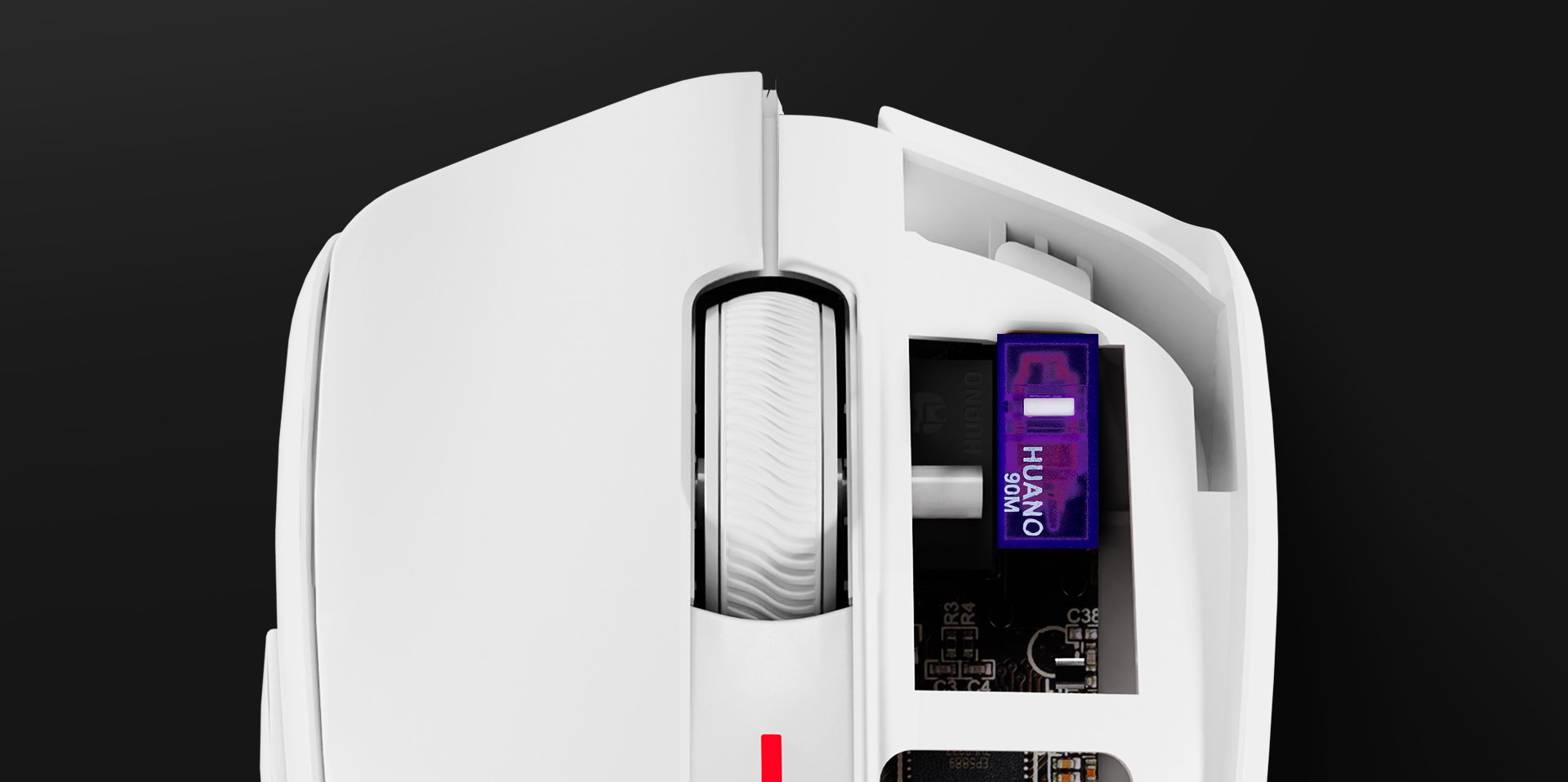 A white computer mouse with a visible wheel and a compartment for a connection device.