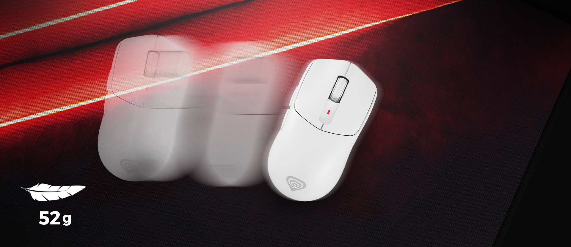White mouse shown in motion above a red and black background.