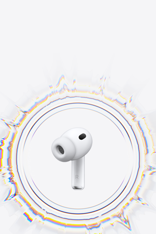 Auricular inalámbrico AirPods Pro 3 con almohadilla de silicona rodeado de una onda sonora circular