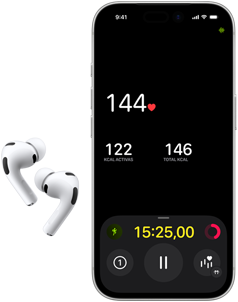 AirPods Pro 3, mitad inferior de la pantalla de un iPhone 17 Pro, frecuencia cardiaca mostrada en la app Fitness