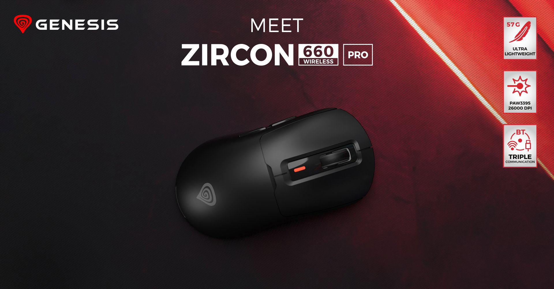 Wireless gaming mouse Genesis Zircon 660 Pro in black, featuring 26,000 DPI sensitivity and customizable settings