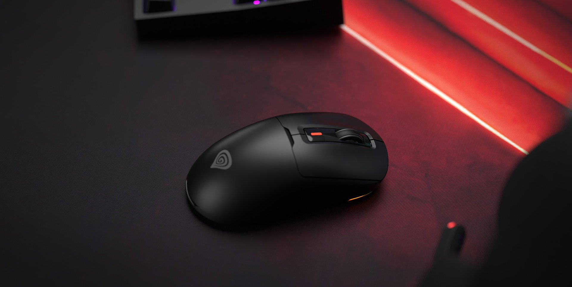 Wireless gaming mouse with a sleek black design, featuring multiple buttons and illuminated accents
