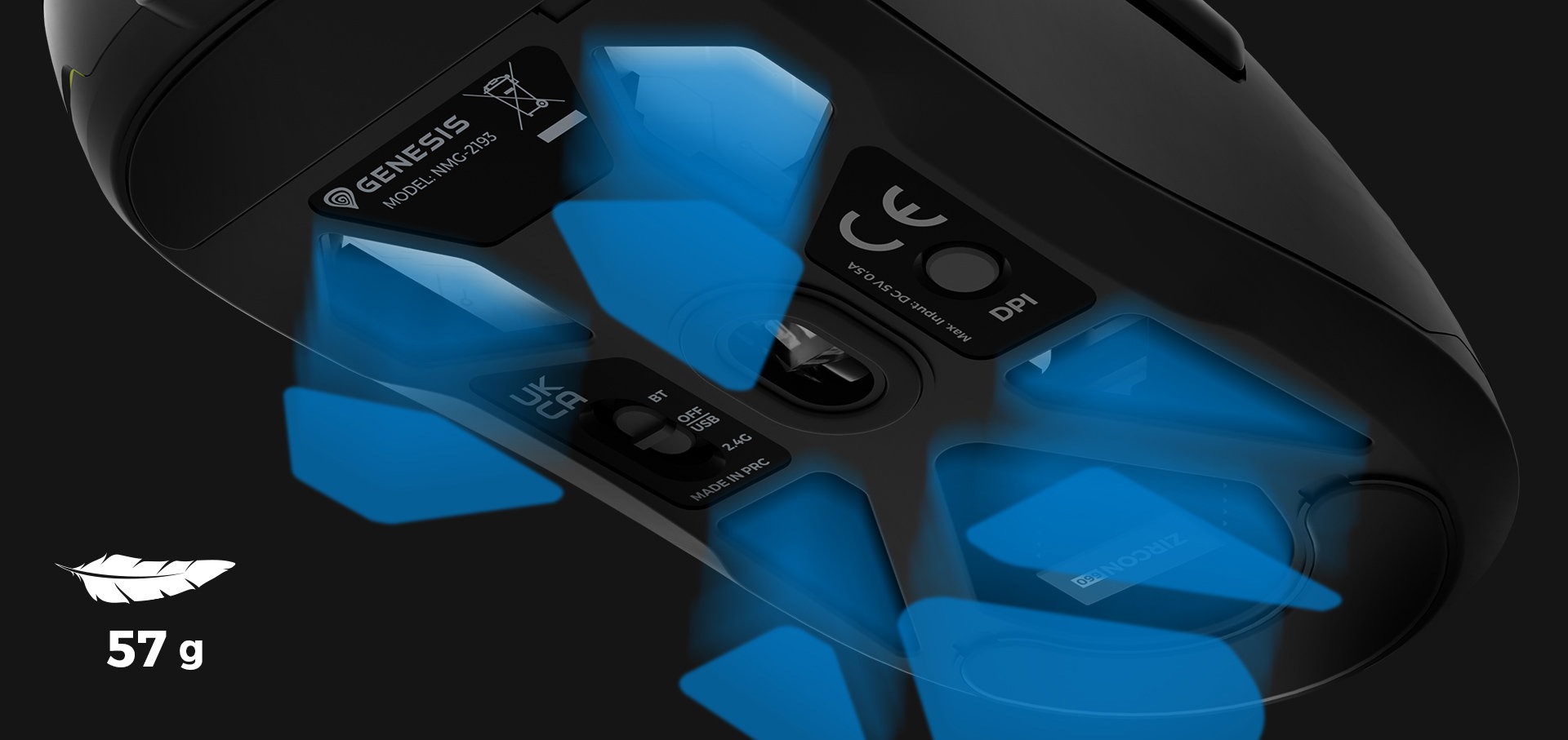 Wireless gaming mouse Genesis Zircon 660 Pro, featuring a sleek black design and advanced features for gamers, weighing 57g
