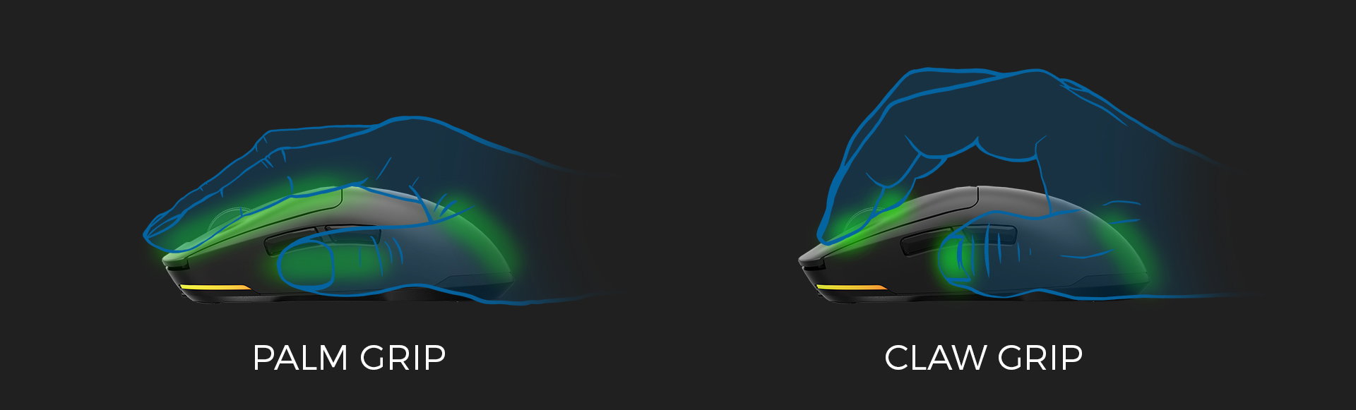 Illustration showing the Genesis Zircon 660 Pro gaming mouse in two grip styles: Palm grip on the left and Claw grip on the right