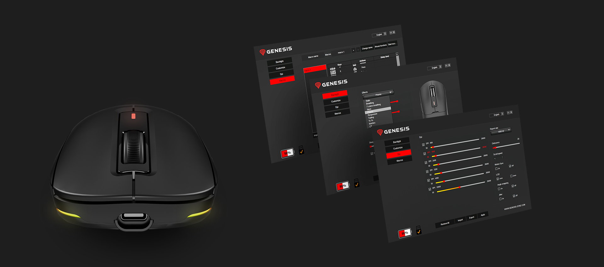 Black wireless gaming mouse Genesis Zircon 660 Pro with customizable settings displayed on accompanying software screens
