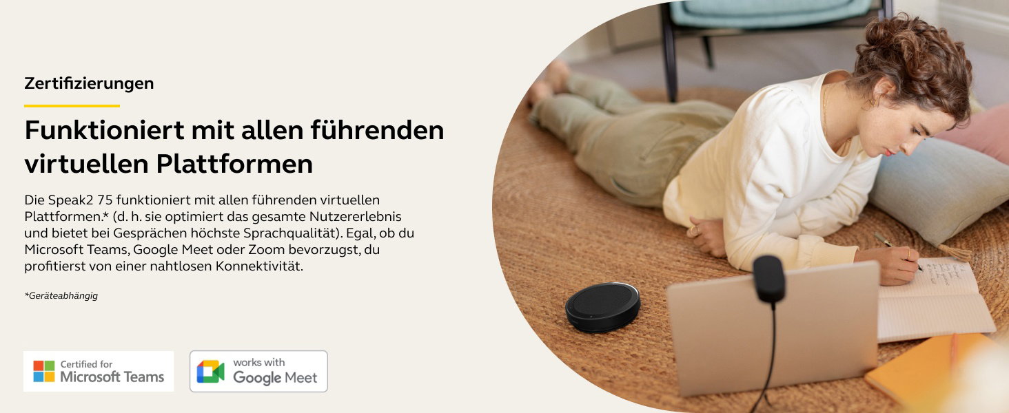 Der Text lautet „Zertifizierungen“ und „Funktioniert mit allen führenden virtuellen Plattformen“. Zeigt Roboterstaubsauger in häuslicher Umgebung mit Zertifizierungslogos.