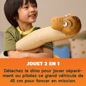 Le texte indique « JOUET 3 EN 1 » et « Détachez le dino pour jouer séparément ou piloter ce grand véhicule de 45 cm pour foncer en mission ». Enfant tenant un jouet dinosaure avec un véhicule en arrière-plan ; bannière orange sous l'image.