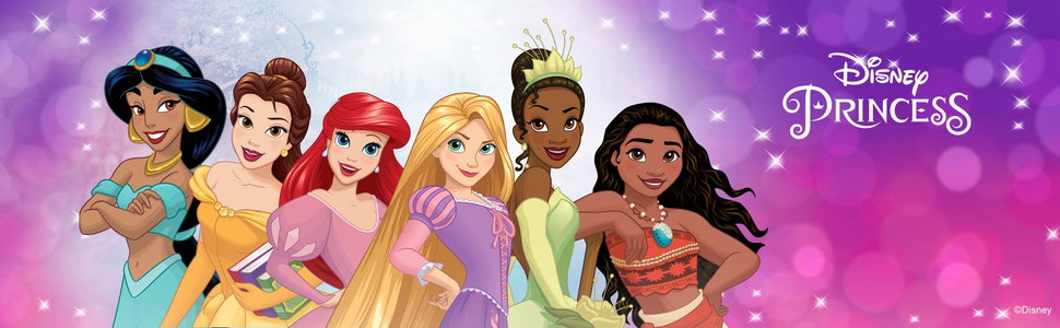 Le texte indique « Disney Princess ». Bannière promotionnelle violette dégradée montrant des princesses Disney animées sur fond scintillant.