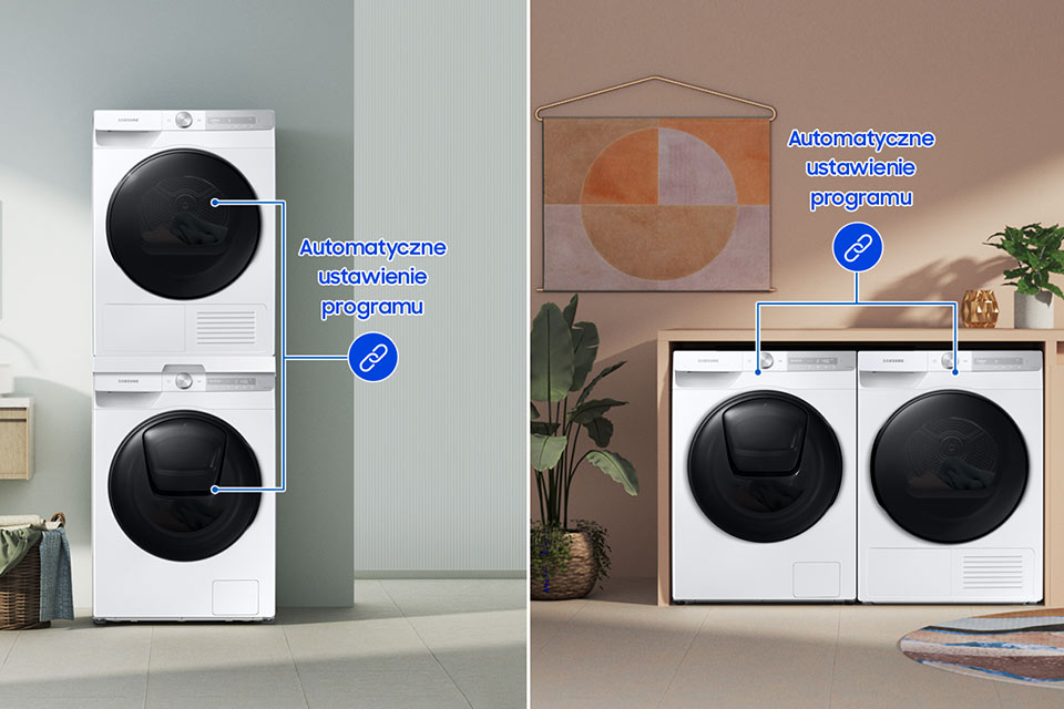 Pralka i suszarka Samsung połączone za pośrednictwem Auto Cycle Link