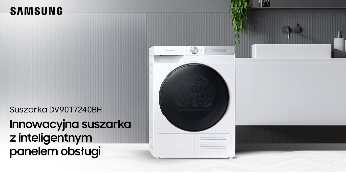 Suszarka Samsung DV90T7240BH z czarnymi drzwiami w minimalistycznej łazience